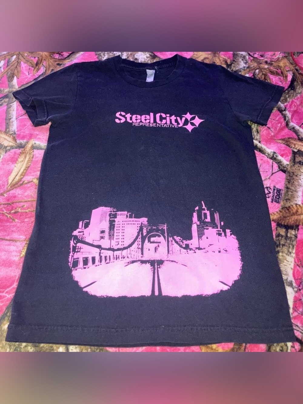 Vintage Steel City Representative Black Tee with Pink City Graphic